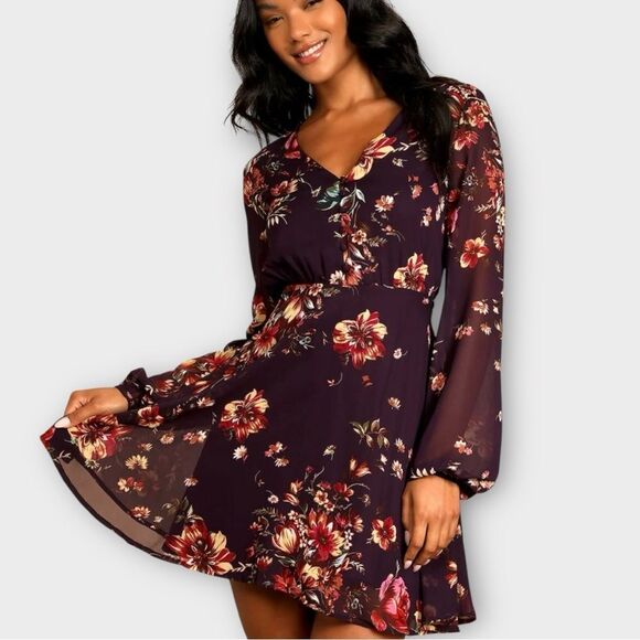 Lulus Dresses & Skirts - Lulus Always Yours Plum Purple Floral Print Long Sleeve Skater Dress Size XL NWT